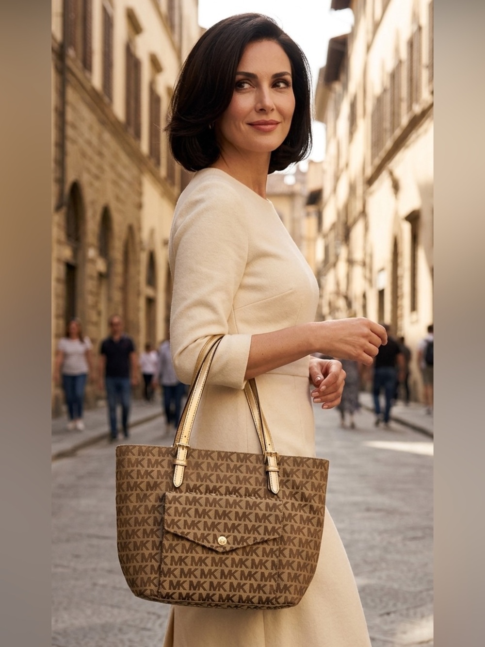 Michael Kors Jet set Signature Pocket MF Tote Brown Khaki Jacquard Leather - Picture 11 of 11
